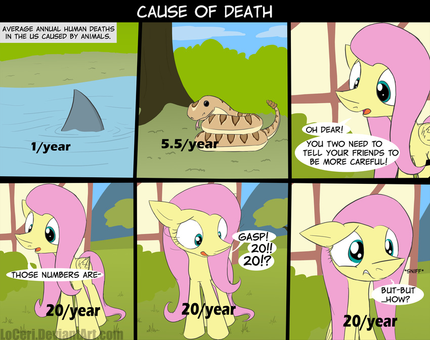 blue_eyes bush comic dialog english_text equine female feral fish fluttershy_(mlp) friendship_is_magic hair horse house loceri lol_comments mammal marine my_little_pony outside pegasus pink_hair pony rattlesnake reptile sad scalie shark snake text tree upset water wings