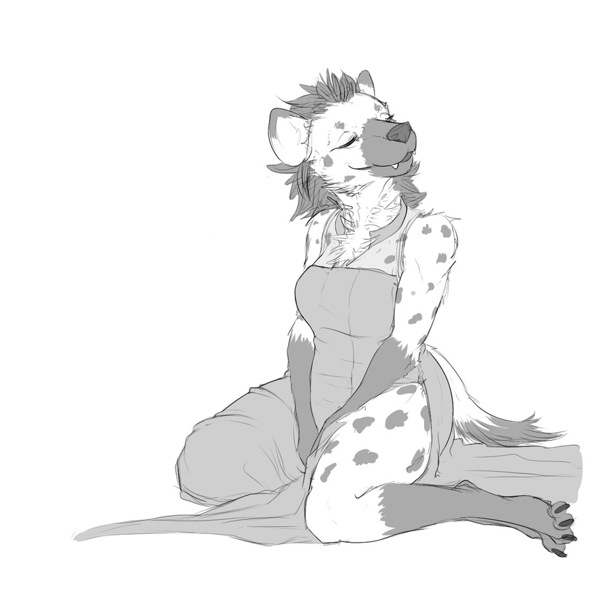 claws clothing dress eyes_closed fangs female fur gnoll hindpaw hyena invalid_tag mammal paws serpentine-drifter sketch smile solo spots spotted_hyena tuft