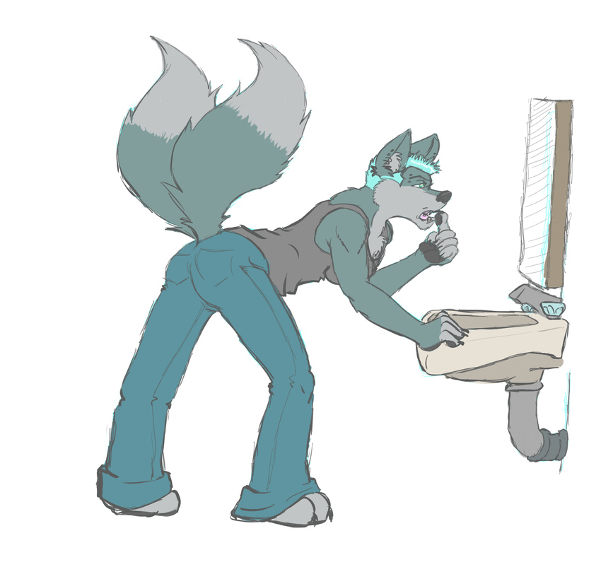 bend_over bent_over blue_hair breasts butt canine clothing ear_piercing female fenni fenrir fenris frozen_over fur green_eyes grey_fur hair hand_paws handpaws hands hindpaw jeans mammal mirror multiple_tails pawpads paws piercing plain_background shirt short_hair sink solo tails tank_top white_background wolf