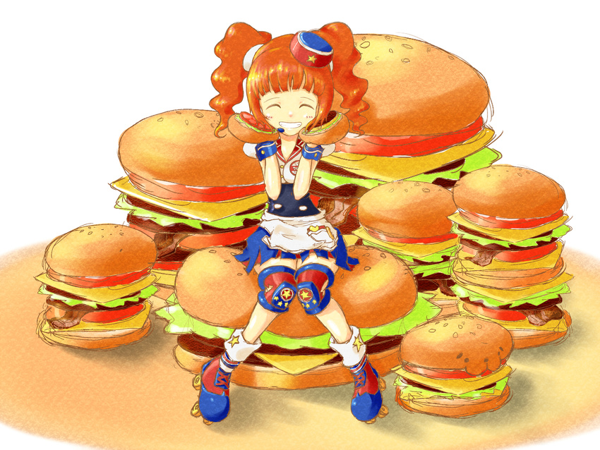 1girl dotioa eyes_closed food grin hamburger hat highres idolmaster orange_hair sitting smile solo takatsuki_yayoi twintails white_background
