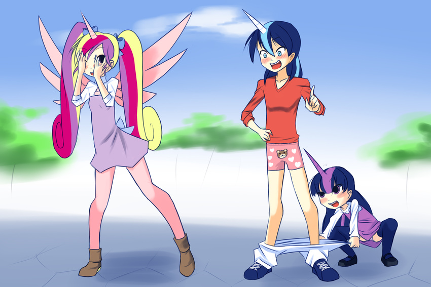 blush child clothing crouching drantyno dress female friendship_is_magic hair horn human humanized laugh long_hair male mammal my_little_pony not_furry open_mouth panties pants princess_cadance_(mlp) shining_armor_(mlp) smile twilight_sparkle_(mlp) underwear wings young