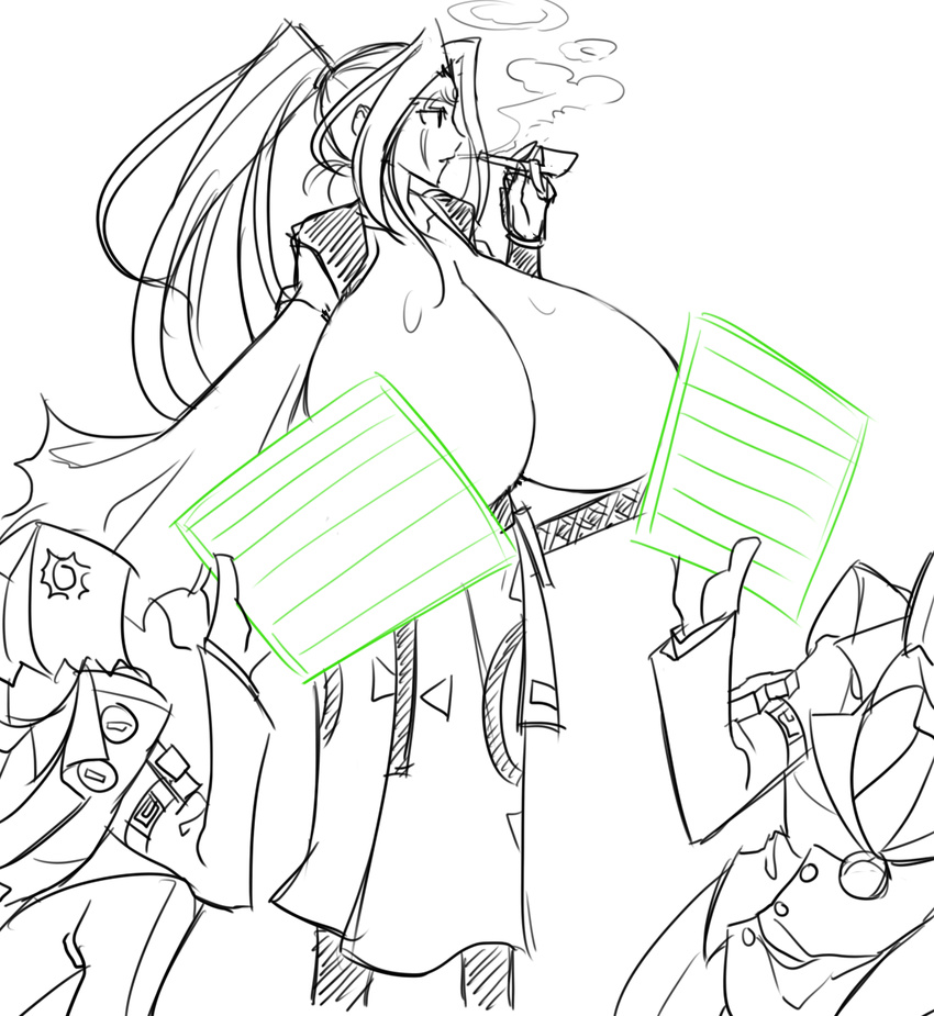 2boys alternate_breast_size amputee bag_over_head baiken breasts breasts_outside censored cleavage clone faust_(guilty_gear) gigantic_breasts guilty_gear highres huge_breasts japanese_clothes matsu-sensei monochrome multiple_boys novelty_censor pipe ponytail scar smoking