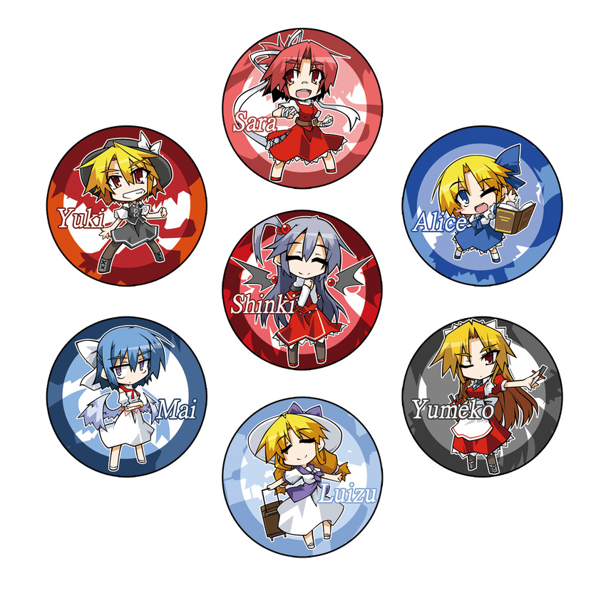ahoge alice_margatroid alice_margatroid_(pc-98) angel_wings apron bandaged_fingers bandages bandaid bandaid_on_nose black_hat blonde_hair blue_hair book bow closed_eyes commentary_request crossed_arms demon_girl demon_wings grimoire_of_alice hair_bobbles hair_bow hair_ornament hair_ribbon hat hemogurobin_a1c highres knife long_hair luize mai_(touhou) maid maid_apron maid_headdress multiple_girls mystic_square pink_eyes pink_hair purple_eyes red_eyes ribbon sara_(touhou) shinki short_hair silver_hair suitcase touhou touhou_(pc-98) twintails white_hat wings yuki_(touhou) yumeko