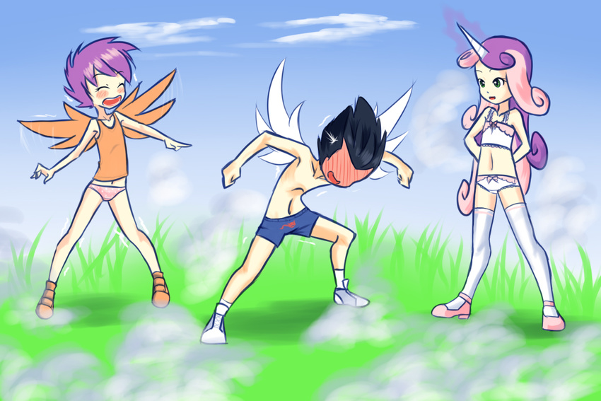 blush child drantyno female friendship_is_magic group horn human humanized laugh male mammal my_little_pony not_furry open_mouth rumble_(mlp) scootaloo_(mlp) smile sweetie_belle_(mlp) topless underwear wings young