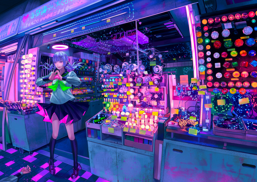 colorful halo kneehighs lamp light_bulb loafers long_hair nail_polish original pink_eyes purple_hair school_uniform scrunchie serafuku shoes sign skirt solo_focus standing storefront tiptoes twintails when_you_see_it zain