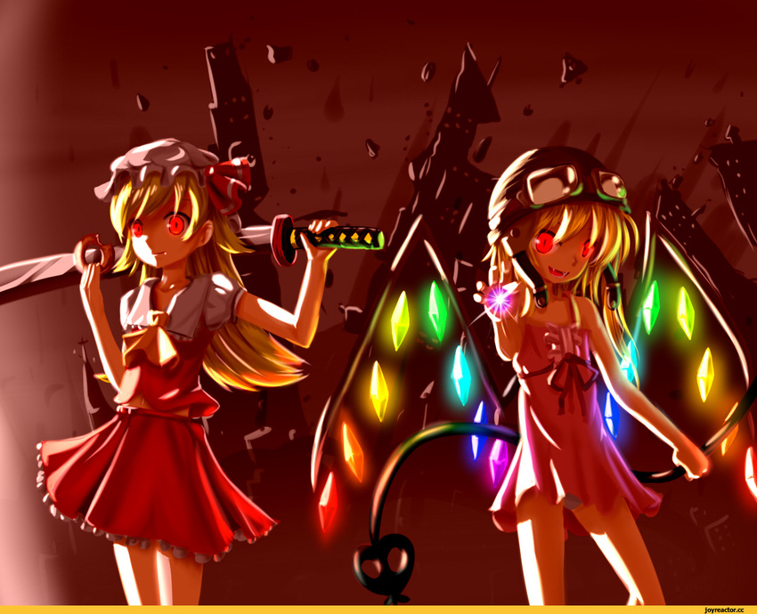 bai_yemeng blonde_hair cosplay costume_switch doughnut dress flandre_scarlet flandre_scarlet_(cosplay) food goggles goggles_on_head long_hair monogatari_(series) multiple_girls oshino_shinobu oshino_shinobu_(cosplay) red_background red_eyes short_hair sword third-party_edit third-party_watermark touhou weapon wings