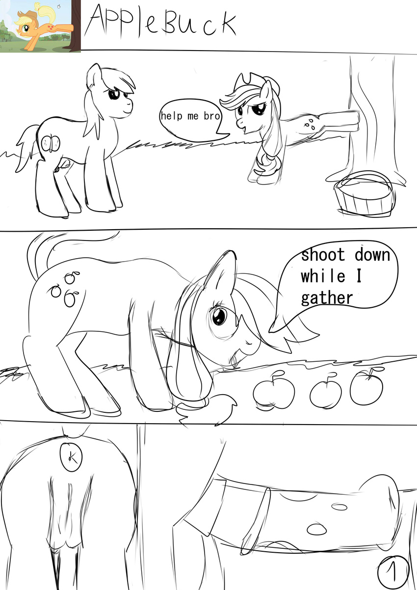 anus applebuck_(comics) applejack_(mlp) big_macintosh_(mlp) comic cutie_mark dialog english_text equine female friendship_is_magic horse jbond male mammal monochrome my_little_pony penis pony pussy sketch straight text