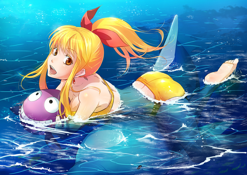 barefoot bikini blonde_hair dolphin fish kanotuki long_hair lying marin_(umi_monogatari) ocean on_stomach partially_submerged ponytail solo swimsuit umi_monogatari water yellow_eyes