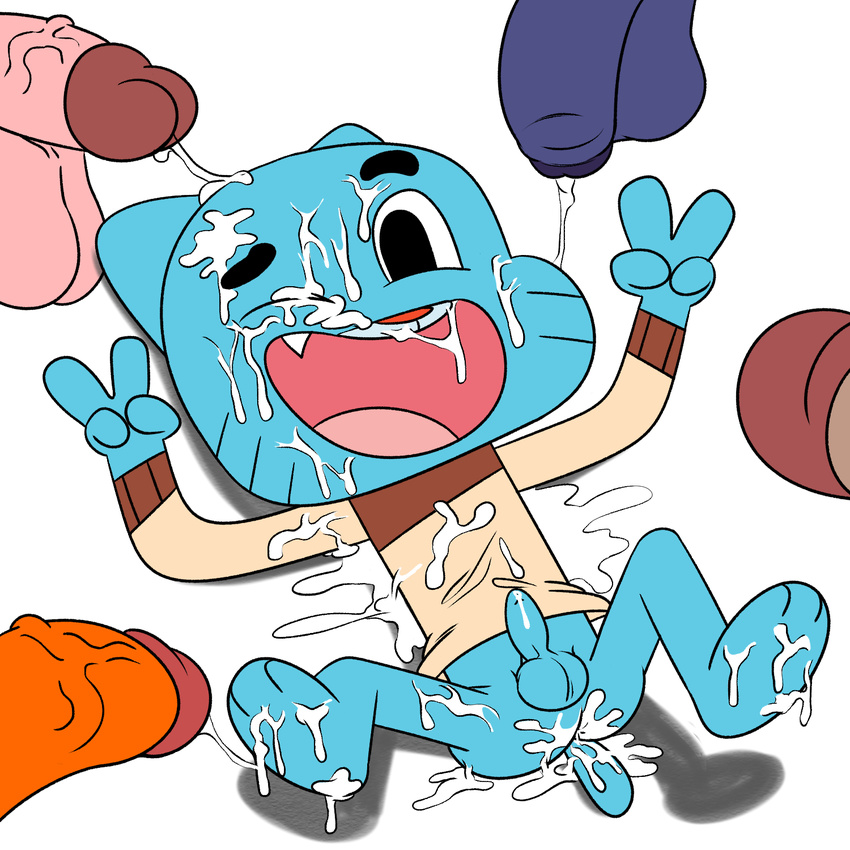 bottomless butt cat cub cum cum_everywhere disembodied_penis feline gangbang gay group group_sex gumball_watterson jerseydevil jerseydevil_(artist) male mammal messy orgy penis sex solo_focus the_amazing_world_of_gumball vein young