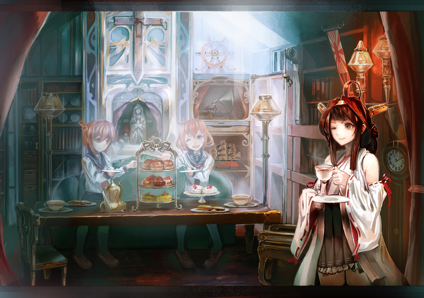 ahoge bad_id bad_pixiv_id bare_shoulders brown_eyes brown_hair cake chair clock cross cup detached_sleeves double_bun flag folded_ponytail food grandfather_clock hair_ornament hairband headgear highres ikazuchi_(kantai_collection) inazuma_(kantai_collection) indoors japanese_clothes kantai_collection kongou_(kantai_collection) letterboxed long_hair multiple_girls nontraditional_miko one_eye_closed open_mouth pastry phonograph ramudayajirushi saucer school_uniform serafuku ship's_wheel short_hair sitting skirt smile steering_wheel table tea teacup thighhighs tiered_tray