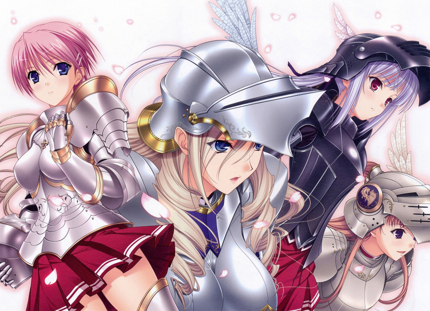 4girls absurdres armor blonde_hair blue_eyes celia_kumani_entory drill_hair gorget hair_ornament hairclip helmet highres kisaki_mio komori_kei lisa_eostre long_hair multiple_girls noel_maresse_ascot open_mouth pauldrons petals pink_hair pleated_skirt purple_eyes red_eyes risa_eostole school_uniform short_hair silver_hair skirt spaulders vambraces walkure_romanze wallpaper