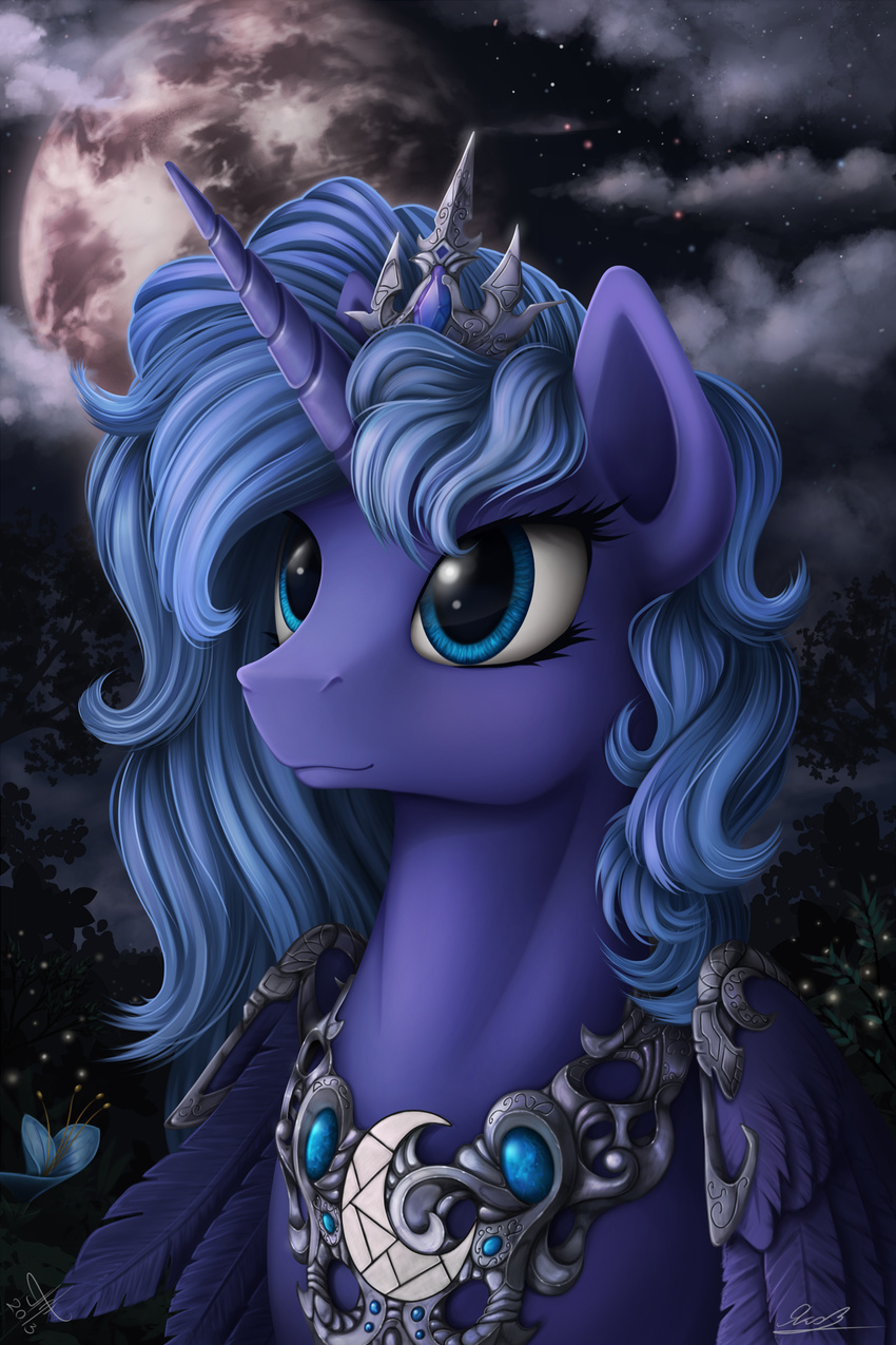 blue_eyes blue_hair cloud collaboration crown equine female firefly flower friendship_is_magic hair horn horse jaaaaaaaz_(artist) mammal moon my_little_pony necklace night pony princess_luna_(mlp) solo sparkles stars winged_unicorn wings yakovlev-vad