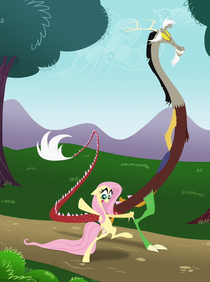 antler antlers blue_eyes bush cutie_mark discord_(mlp) draconequus duo equine fangs female fluttershy_(mlp) friendship_is_magic grass grievousfan hair horn horse male mammal mountain my_little_pony outside pegasus pink_hair pony red_eyes tree walking wings
