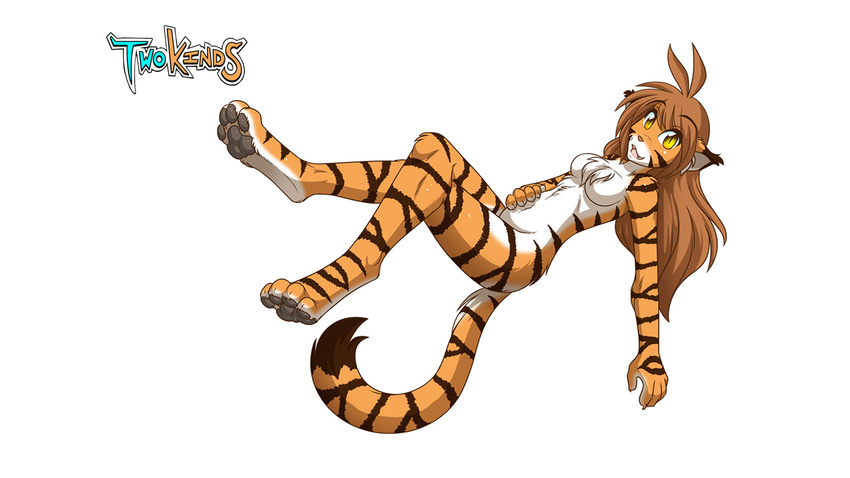 brown_hair chest_tuft edit feline female flora_(twokinds) fur hair keidran looking_at_viewer lying mammal nazarov77 nishizumi77 nude on_back paws photoshop plain_background pregnant solo stripes tiger tom_fischbach tuft twokinds wallpaper white_background