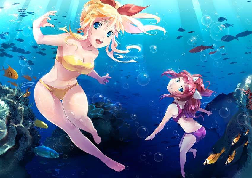 bad_id bad_pixiv_id bandeau barefoot bikini blonde_hair blue_eyes bubble coral fish freediving kanotuki long_hair marin_(umi_monogatari) multiple_girls ocean ponytail red_hair swimming swimsuit umi_monogatari underwater urin_(umi_monogatari)