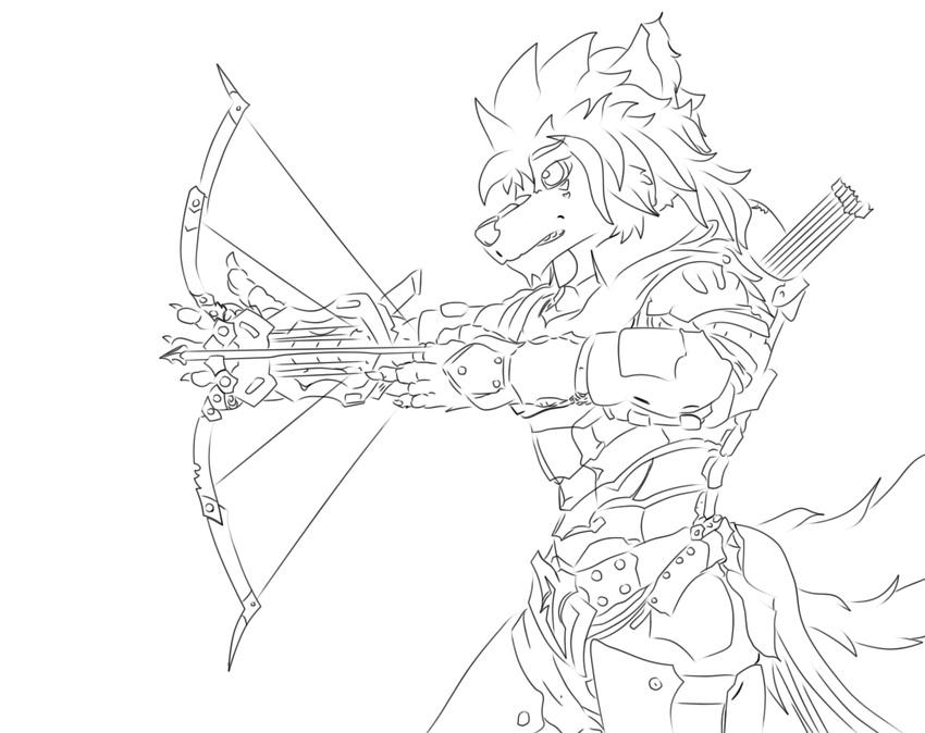 anthro armor arrow bow bow_(weapon) canine facial_markings hair johnovex long_hair mammal markings original_character plain_background poxs ranged_weapon teeth warrior weapon white_background wolf