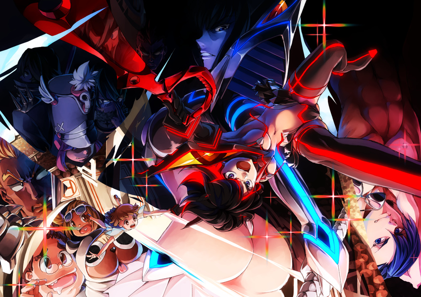 6+boys abs ass banned_artist boots breasts dog eyewear_removed gamagoori_ira glowing_nipples guts_(kill_la_kill) jakuzure_nonon junketsu kill_la_kill kiryuuin_satsuki large_breasts mankanshoku_barazou mankanshoku_mako mankanshoku_matarou matoi_ryuuko mikisugi_aikurou multiple_boys multiple_girls neon_trim nigiriushi revealing_clothes scissor_blade senketsu sunglasses suspenders thigh_boots thighhighs underboob upside-down weapon