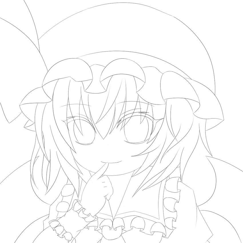 ascot bad_id bad_pixiv_id bat_wings blouse bow collared_shirt commentary_request frilled_hat frilled_shirt frills greyscale hand_on_own_face hat hat_bow hat_ribbon index_finger_raised lineart looking_at_viewer mob_cap monochrome portrait puffy_sleeves remilia_scarlet ribbon shirona_(amenomurakumo26) shirt simple_background smile solo touhou white_background wings wrist_cuffs