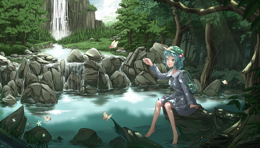 backpack bag barefoot blue_eyes blue_hair bug butterfly cloud cloudy.r day dress flower forest hair_bobbles hair_ornament hat highres holding insect kawashiro_nitori long_sleeves nature open_mouth outdoors pond rainbow rock scenery short_hair sitting solo sunlight touhou tree tree_branch two_side_up water waterfall