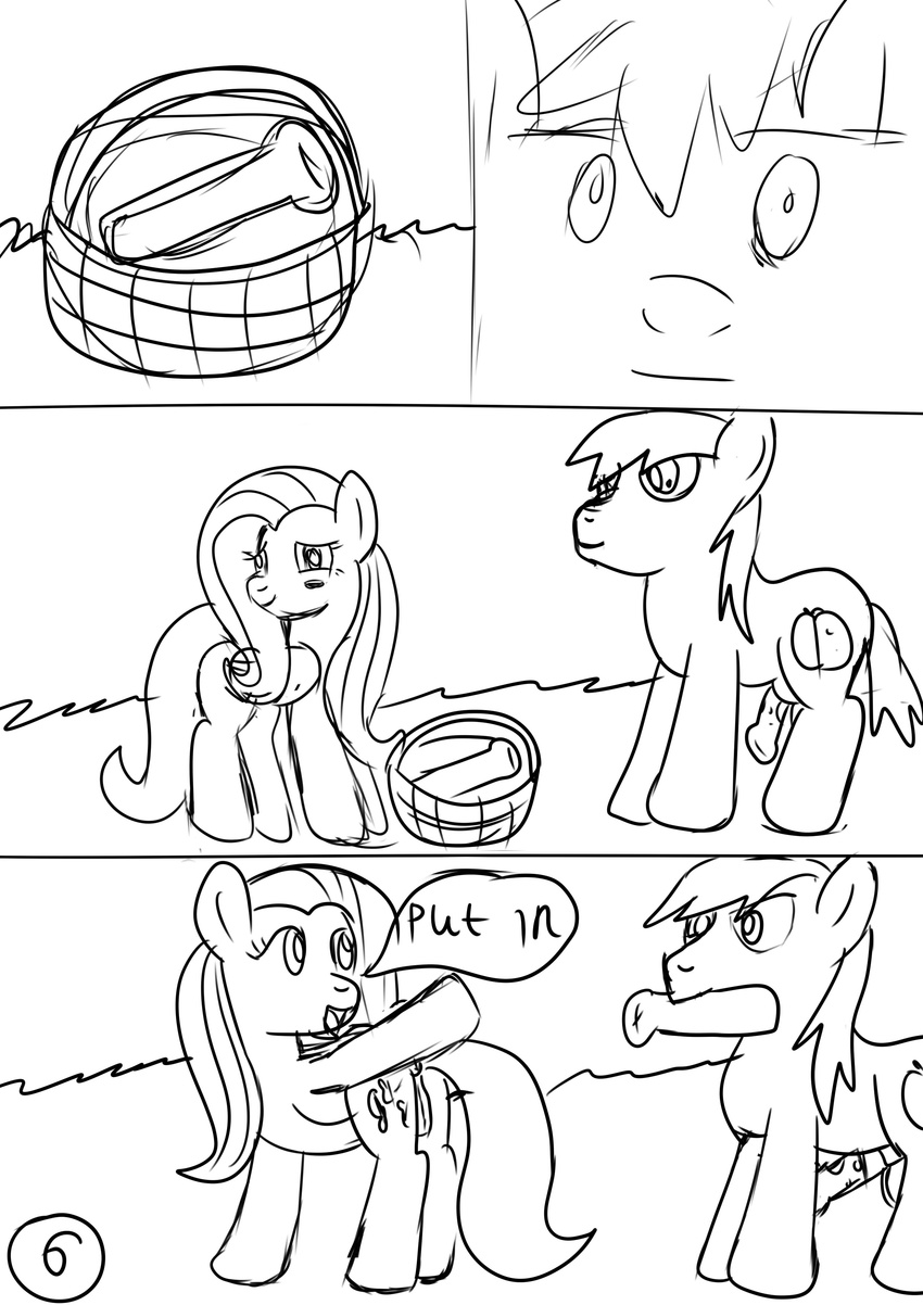 anus big_macintosh_(mlp) comic cutie_mark dialog english_text equine female fluttershy_(mlp) friendship_is_magic horse jbond male mammal monochrome my_little_pony pegasus penis pony pussy sketch text wings