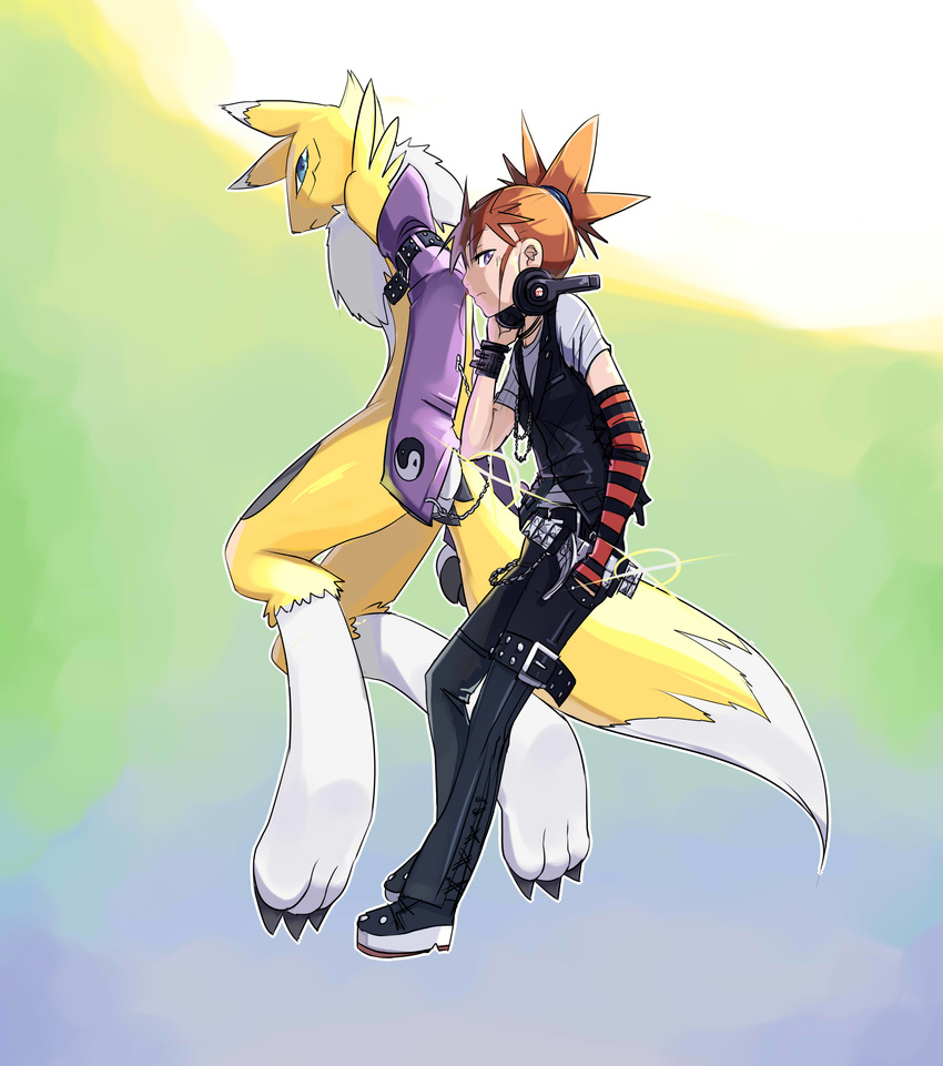 absurdres alternate_costume beats_by_dr._dre buckle contemporary digimon digimon_tamers flat_chest from_side full_body headphones highres makino_ruki orange_hair paws ponytail profile purple_eyes renamon riza23