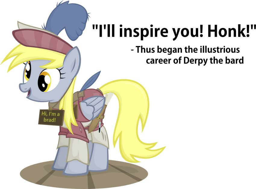 amber_eyes bard blonde_hair clothing derpy_hooves_(mlp) english_text equine female feral friendship_is_magic fur grey_fur hair hat horse jittery-the-dragon long_hair mammal my_little_pony open_mouth pegasus plain_background pony shirt sign smile solo text tongue transparent_background wings yellow_eyes