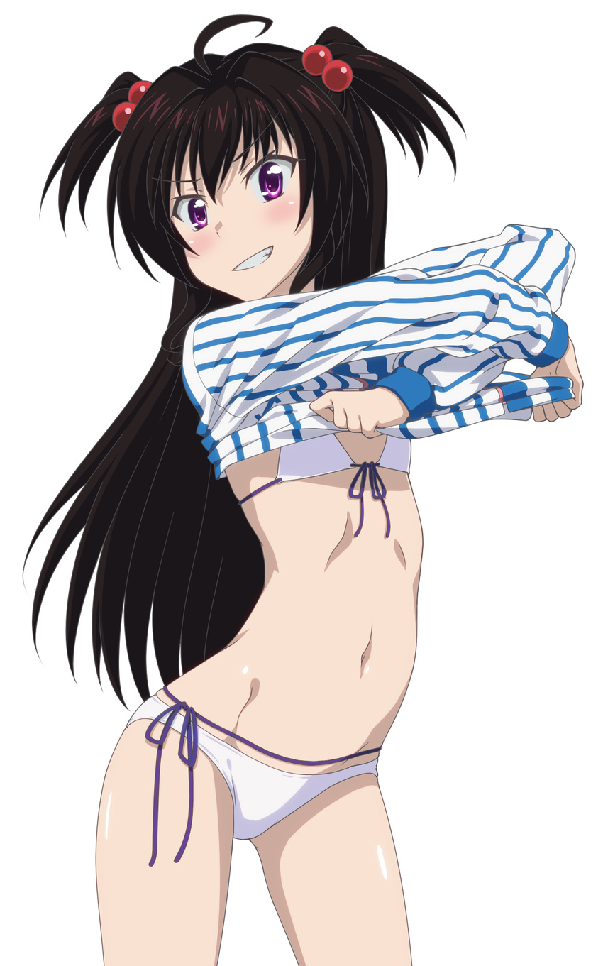 ahoge bikini black_hair blush employee_uniform flat_chest front-tie_top grin hair_bobbles hair_ornament highres lamdimia_do_aximemor lawson long_hair midiman navel purple_eyes shiny shiny_skin shirt shirt_lift smile solo striped striped_shirt swimsuit transparent_background twintails two_side_up undressing uniform vertical-striped_shirt vertical_stripes yuusha_ni_narenakatta_ore_wa_shibushibu_shuushoku_wo_ketsui_shimashita.