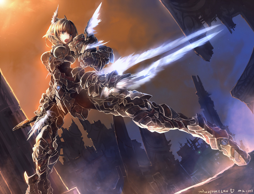 armor artist_name blue_eyes breastplate brown_hair dutch_angle faulds gauntlets greaves ground hair_ornament heart highres open_mouth pauldrons pointy_ears reverse_grip ruins short_hair sky solo sword warcraft weapon windforcelan world_of_warcraft