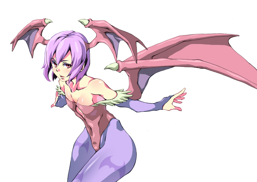 animal_print bare_shoulders bat_print bridal_gauntlets covered_navel demon_girl demon_wings flat_chest head_wings leotard lilith_aensland outstretched_arms pantyhose print_legwear purple_hair red_eyes red_leotard solo succubus tell vampire_(game) wings