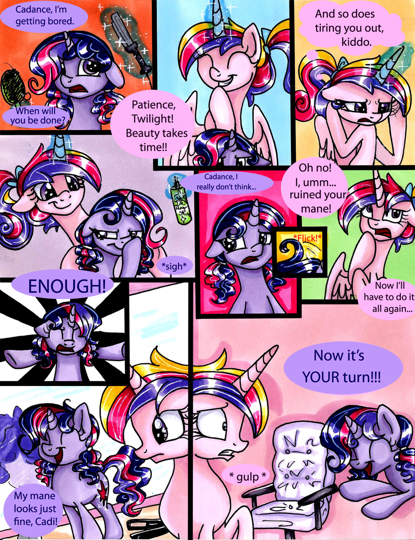 comic curling_iron cutie_mark dialog english_text equine eyes_closed female feral friendship_is_magic frostykat13 frown fur glowing hair hairbrush hairspray horn horse long_hair looking_back magic makeover mammal my_little_pony open_mouth pony ponytail princess_cadance_(mlp) purple_eyes purple_hair smile teeth text tongue twilight_sparkle_(mlp) unicorn winged_unicorn wings young