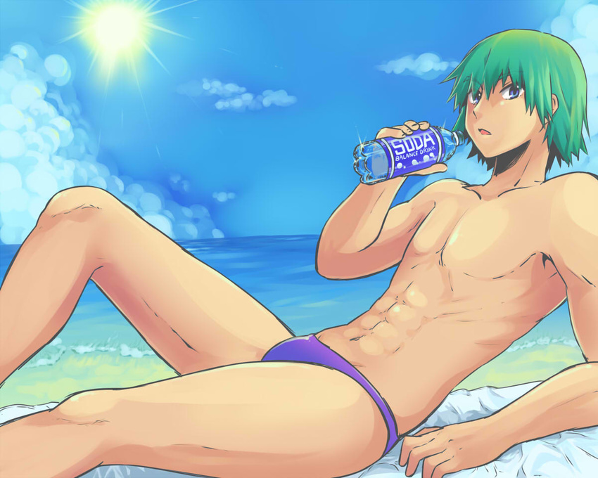 abs blue_eyes bottle butano_(star-dust_boxxx) green_hair male_focus male_swimwear sam_(umi_monogatari) sun swim_briefs swimwear umi_monogatari