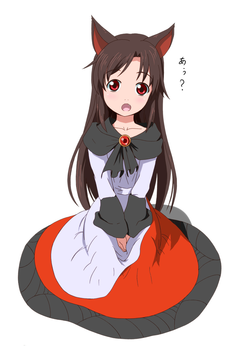 :o animal_ears brooch brown_hair dress fang hands_on_lap hands_together head_tilt highres imaizumi_kagerou jewelry layered_dress long_hair looking_at_viewer red_eyes sachishiro_pengin seiza simple_background sitting solo touhou v_arms white_background wolf_ears