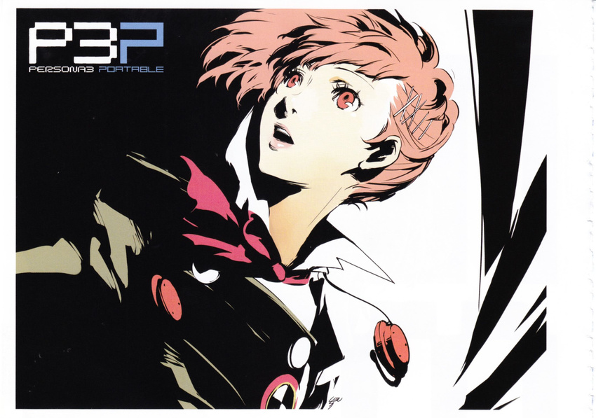 bow bowtie brown_eyes brown_hair earphones female_protagonist_(persona_3) hair_ornament hairclip highres lipstick makeup official_art persona persona_3 persona_3_portable pink_lipstick school_uniform soejima_shigenori