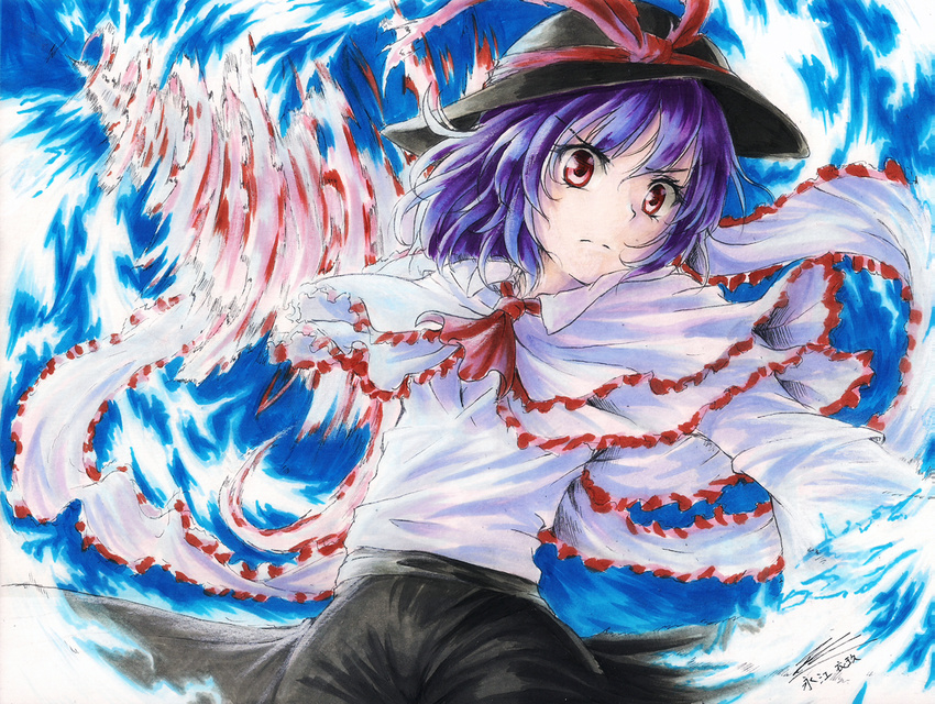 freeze-ex frills hat marker_(medium) nagae_iku purple_hair red_eyes ribbon shawl short_hair solo touhou traditional_media