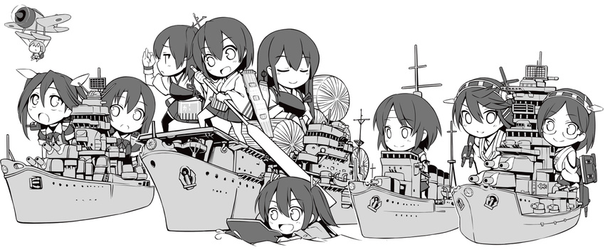 aircraft airplane akagi_(kantai_collection) bare_shoulders chikuma_(kantai_collection) detached_sleeves fairy_(kantai_collection) glasses greyscale hairband haruna_(kantai_collection) highres hiryuu_(kantai_collection) japanese_clothes kaga_(kantai_collection) kantai_collection kirishima_(kantai_collection) long_hair monochrome multiple_girls nagara_(kantai_collection) pleated_skirt shishigami_(sunagimo) short_hair side_ponytail skirt souryuu_(kantai_collection) swimming thighhighs tone_(kantai_collection) twintails