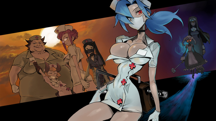 6+girls bloody_marie_(skullgirls) blue_hair breasts character_request choker cleavage cross cross_necklace double_(skullgirls) dress gloves habit hat jewelry kusada large_breasts maid maid_headdress multiple_girls necklace nun nurse nurse_cap red_cross red_eyes saw short_dress skullgirls slender_waist solo_focus valentine_(skullgirls) weapon white_gloves