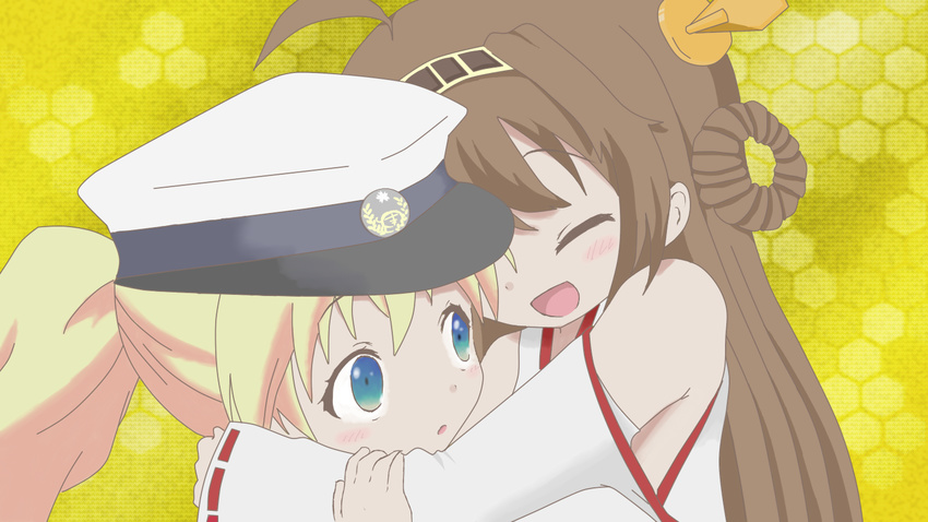 :d ^_^ admiral_(kantai_collection) admiral_(kantai_collection)_(cosplay) ahoge alice_cartelet bad_id bad_pixiv_id bare_shoulders blonde_hair blue_eyes brown_hair cell-do_(quzz) closed_eyes cosplay derivative_work detached_sleeves double_bun hair_ornament hairband hat headgear hex_grid hug japanese_clothes kantai_collection kin-iro_mosaic kongou_(kantai_collection) kujou_karen long_hair miko military military_uniform multiple_girls nontraditional_miko open_mouth parody seiyuu_connection sleeves_past_wrists smile touyama_nao twintails uniform