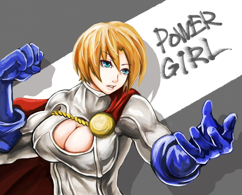 1girl alien blonde_hair blue_eyes blue_gloves breasts character_name cleavage dc_comics gloves highres kryptonian large_breasts leotard pixiv_manga_sample pottsu power_girl red_cape resized short_hair solo