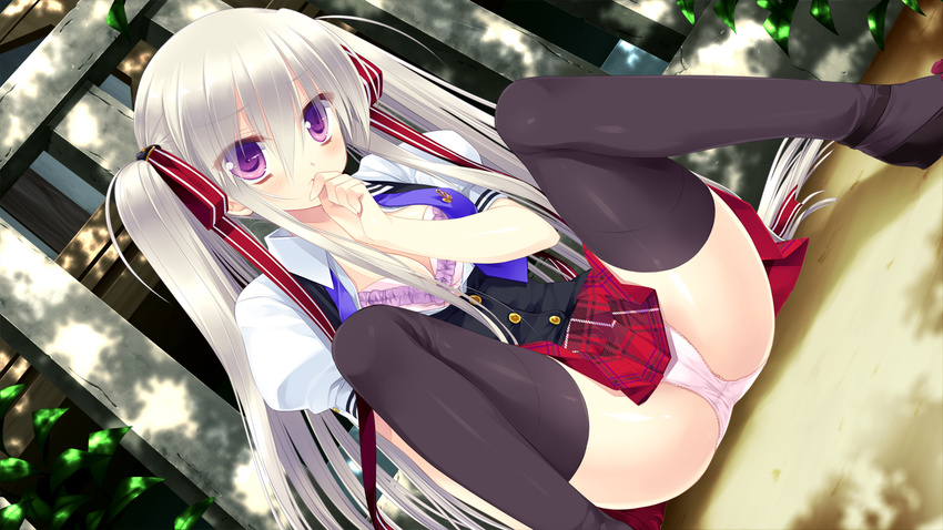 blush bra game_cg gangsta_republica grey_hair long_hair miyasu_risa non-web_source open_clothes open_shirt panties purple_eyes rindou_misogi school_uniform shirt solo thighhighs twintails underwear