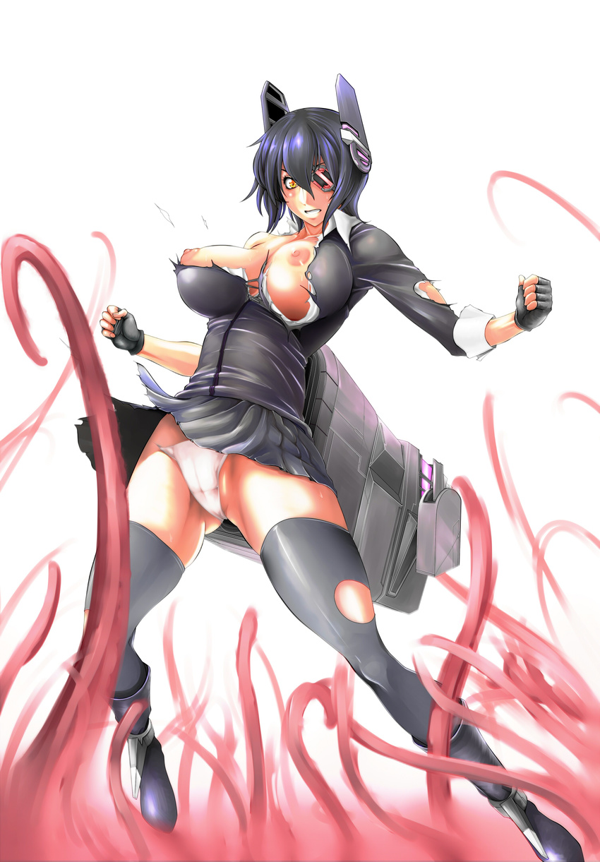 breasts cameltoe eyepatch gloves headgear highres kantai_collection large_breasts nipples panties purple_hair short_hair skirt solo tenryuu_(kantai_collection) tentacles thighhighs torn_clothes torn_panties torn_skirt tuna21 underwear yellow_eyes