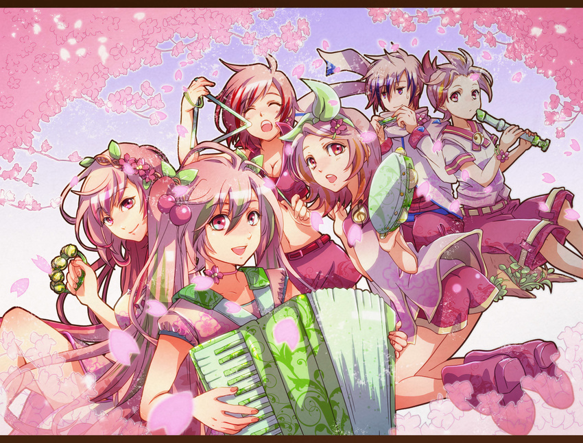 4girls accordion bad_id bad_pixiv_id bell belt boots bracelet cherry cherry_blossoms choker flower food fruit hair_flower hair_ornament hairclip harmonica hatsune_miku head_wreath highres instrument jewelry jingle_bell kagamine_len kagamine_rin kaito kneeling letterboxed long_hair megurine_luka meiko midriff multiple_boys multiple_girls music open_mouth petals pink_eyes pink_hair playing_instrument recorder sakura_kaito sakura_len sakura_luka sakura_meiko sakura_miku sakura_rin shorts sitting sweatdrop tambourine tree_stump triangle_(instrument) umimami very_long_hair vocaloid