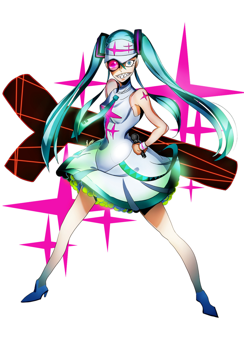 aqua_eyes aqua_hair blonde_hair cosplay grin hakodate_omiko hakodate_omiko_(cosplay) hatsune_miku highres kill_la_kill long_hair microphone nyantyubosi racket scope sharp_teeth smile teeth twintails visor vocaloid