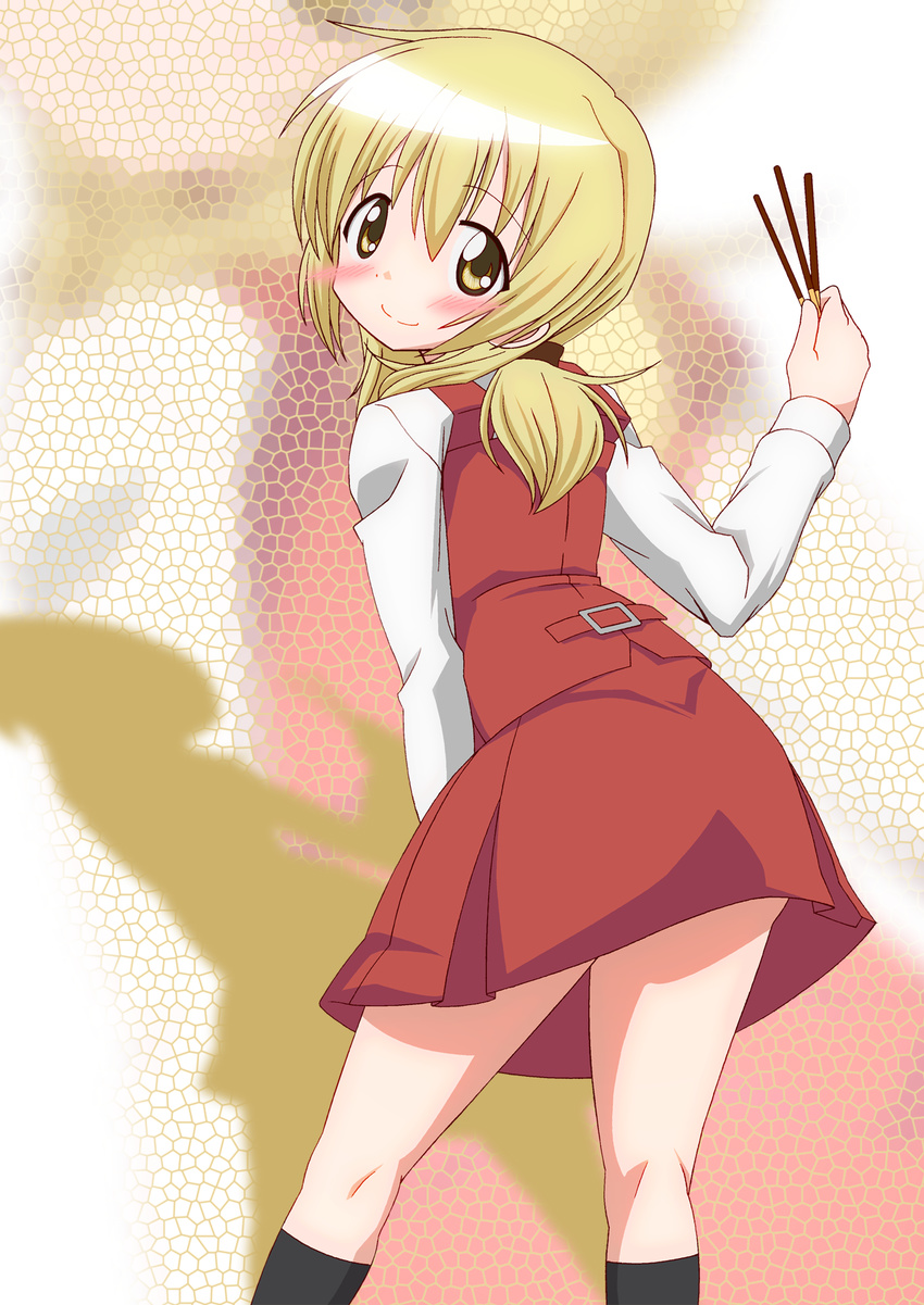 blonde_hair food hidamari_sketch highres long_hair miyako pocky school_uniform solo tatsuya_(guild_plus) yellow_eyes