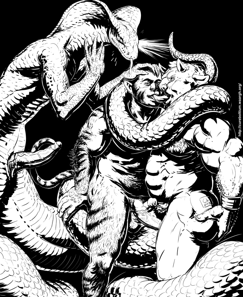 anthro balls belly biceps black_background cat chubby cloaca cureboltium demon feline forked_tongue french_kissing front frottage gay hairy horn human humanoid_penis hybrid hypnosis kissing long_tongue male mammal mind_control monochrome musclegut muscles naga pecs penis plain_background pubes reptile scalie sex snake tongue tongue_out uncut vein veiny_penis