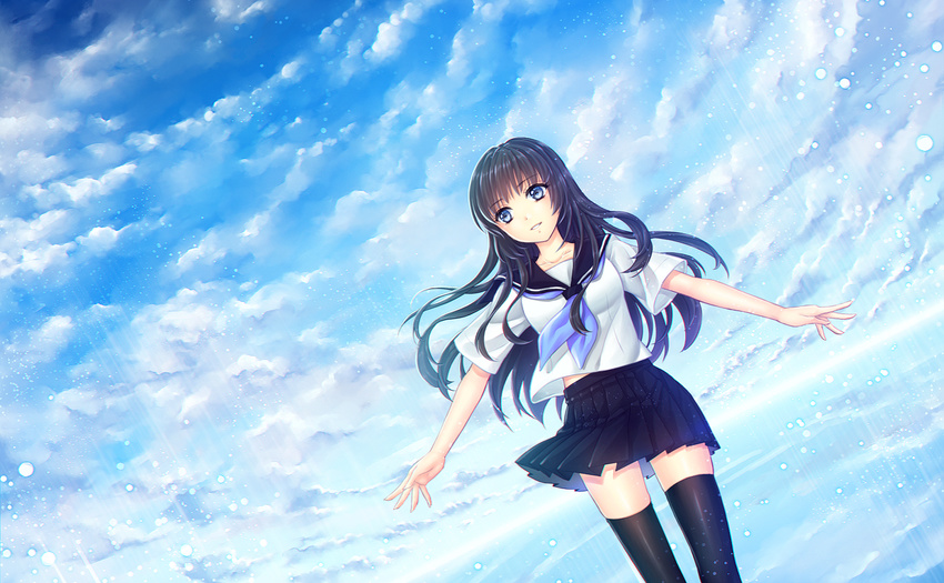 black_hair blue_eyes clouds long_hair original seifuku skirt sky thighhighs yuki_hanana zettai_ryouiki