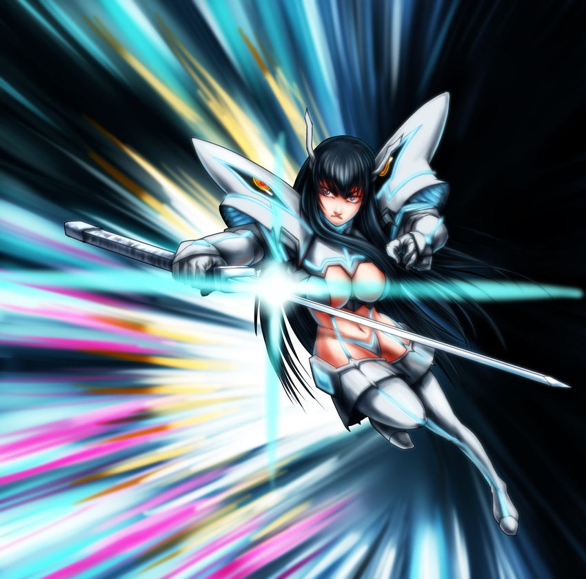 absurdres black_hair boots breasts clea cleavage frown gooster highres junketsu katana kill_la_kill kiryuuin_satsuki large_breasts long_hair revealing_clothes suspenders sword thigh_boots thighhighs weapon