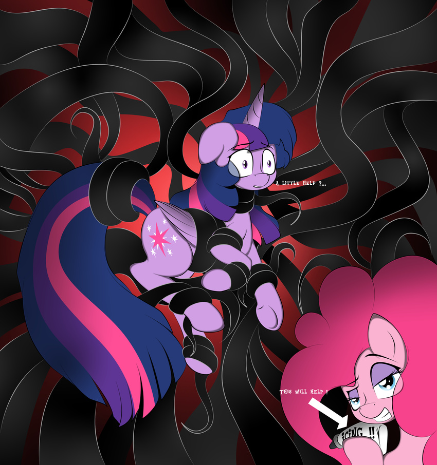 blue_eyes bound cutie_mark dialog duo english_text equine female friendship_is_magic hair horn horse icing looking_at_viewer mammal multi-colored_hair my_little_pony pink_hair pinkie_pie_(mlp) pony purple_eyes purple_hair tentacles text twilight_sparkle_(mlp) v-d-k winged_unicorn wings