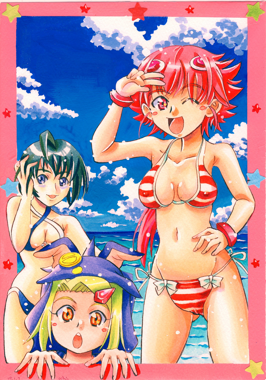 absurdres ahoge bikini blue_eyes bracelet breasts cleavage cloud covered_nipples day green_hair hair_ornament highres hood jewelry kannagi_itsuki long_hair medium_breasts multiple_girls occhii one_eye_closed orange_eyes pink_hair shishidou_akiha shishidou_sakura short_hair side-tie_bikini sky sora_wo_kakeru_shoujo striped striped_bikini striped_swimsuit swimsuit v water