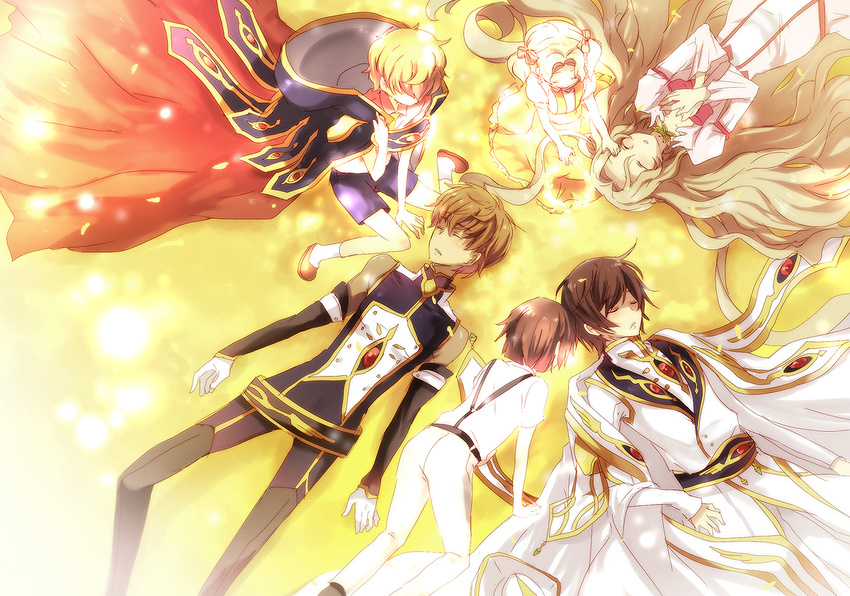 4boys brown_hair child closed_eyes code_geass grass kl kururugi_suzaku lelouch_lamperouge long_hair multiple_boys multiple_girls nunnally_lamperouge ribbon sleeping time_paradox