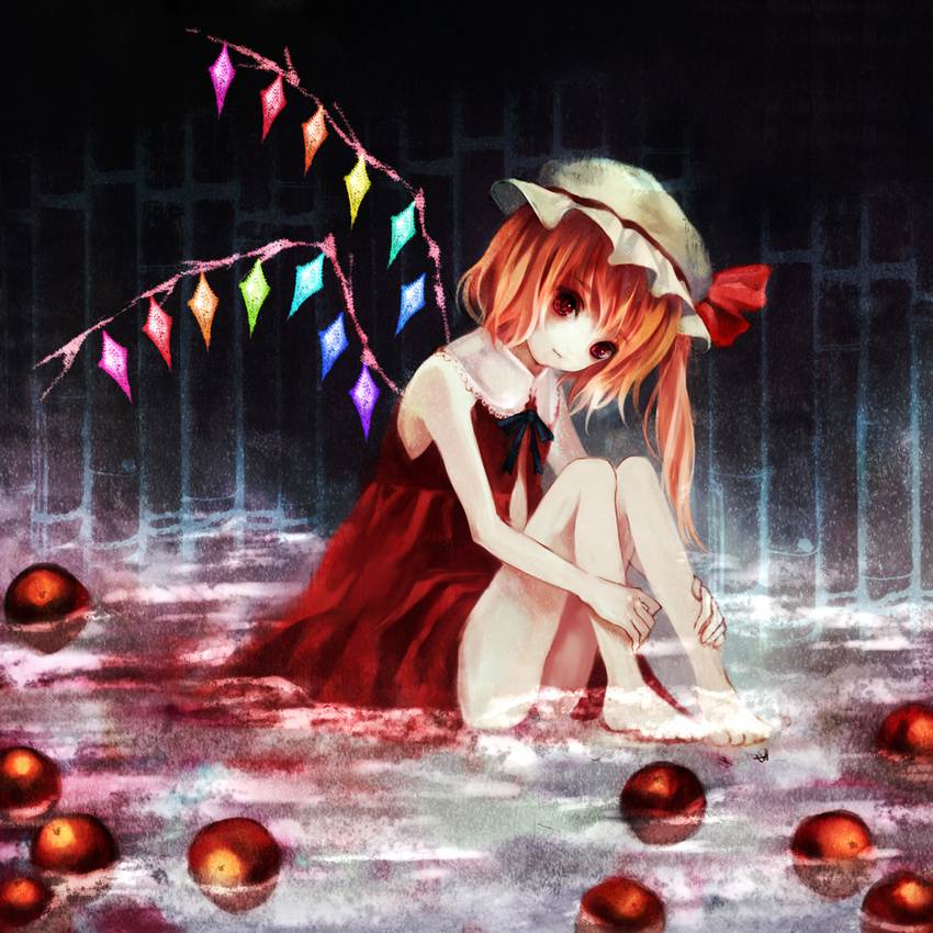 alternate_costume apple bad_id bad_pixiv_id barefoot flandre_scarlet food fruit fukahire_(ruinon) hat highres sitting solo touhou water wings